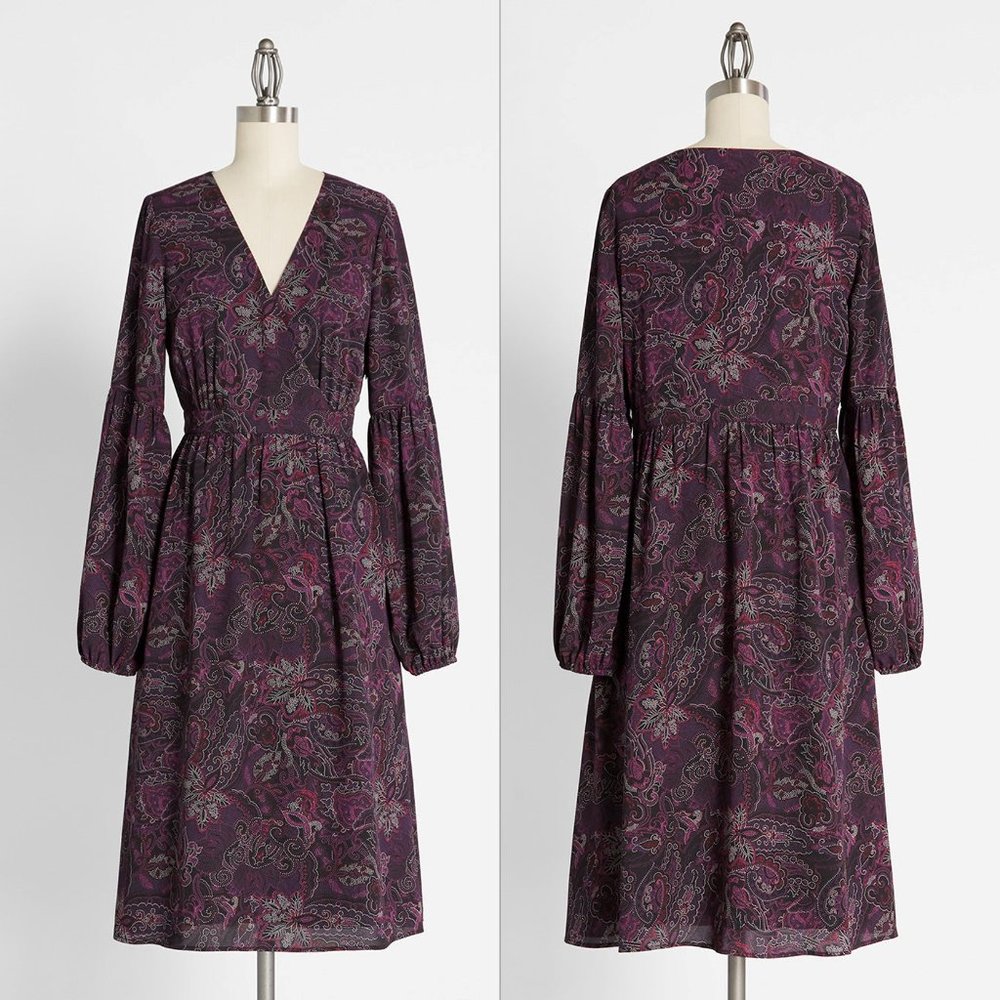 ModCloth  A Moment in Fine Midi Dress in Purple Paisley